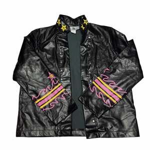WWE 2024 Black Faux Leather Wrestling Entrance Jacket with Star and Flame Detail